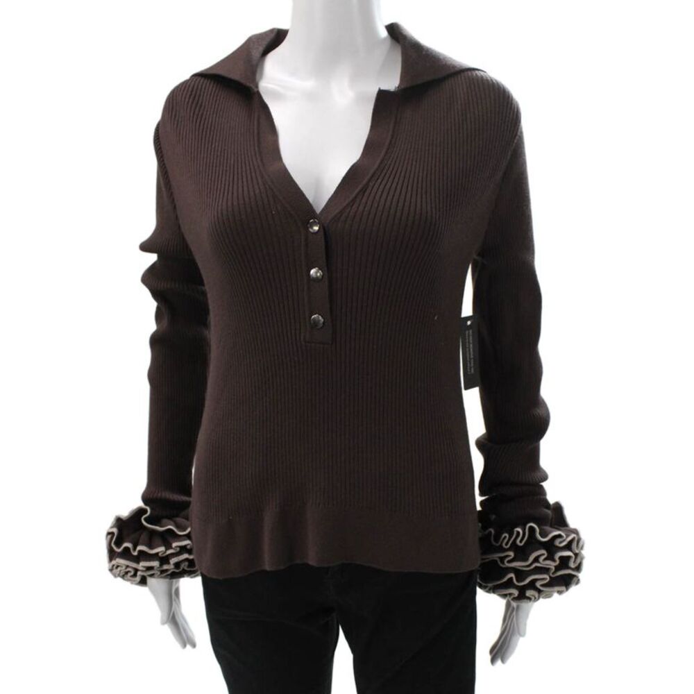 Theo Womens Petite Henley Wool Collared Long Sleeve Solid Sweater Brown Size XS